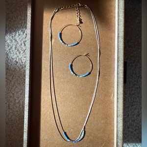 Joy Susan Gold Layered Necklace & Hoop Earring with Blue Beaded Accents